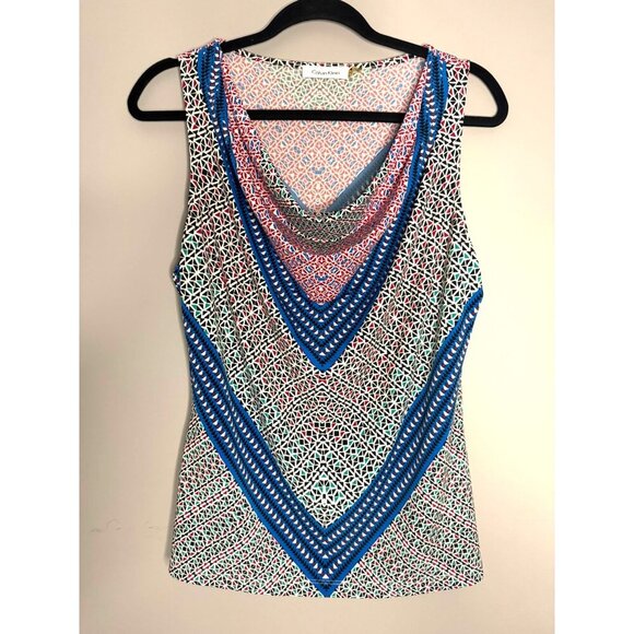 Calvin Klein Womens Geometric Sleeveless Top Size L Drape Neckline Artsy Office - Picture 1 of 6